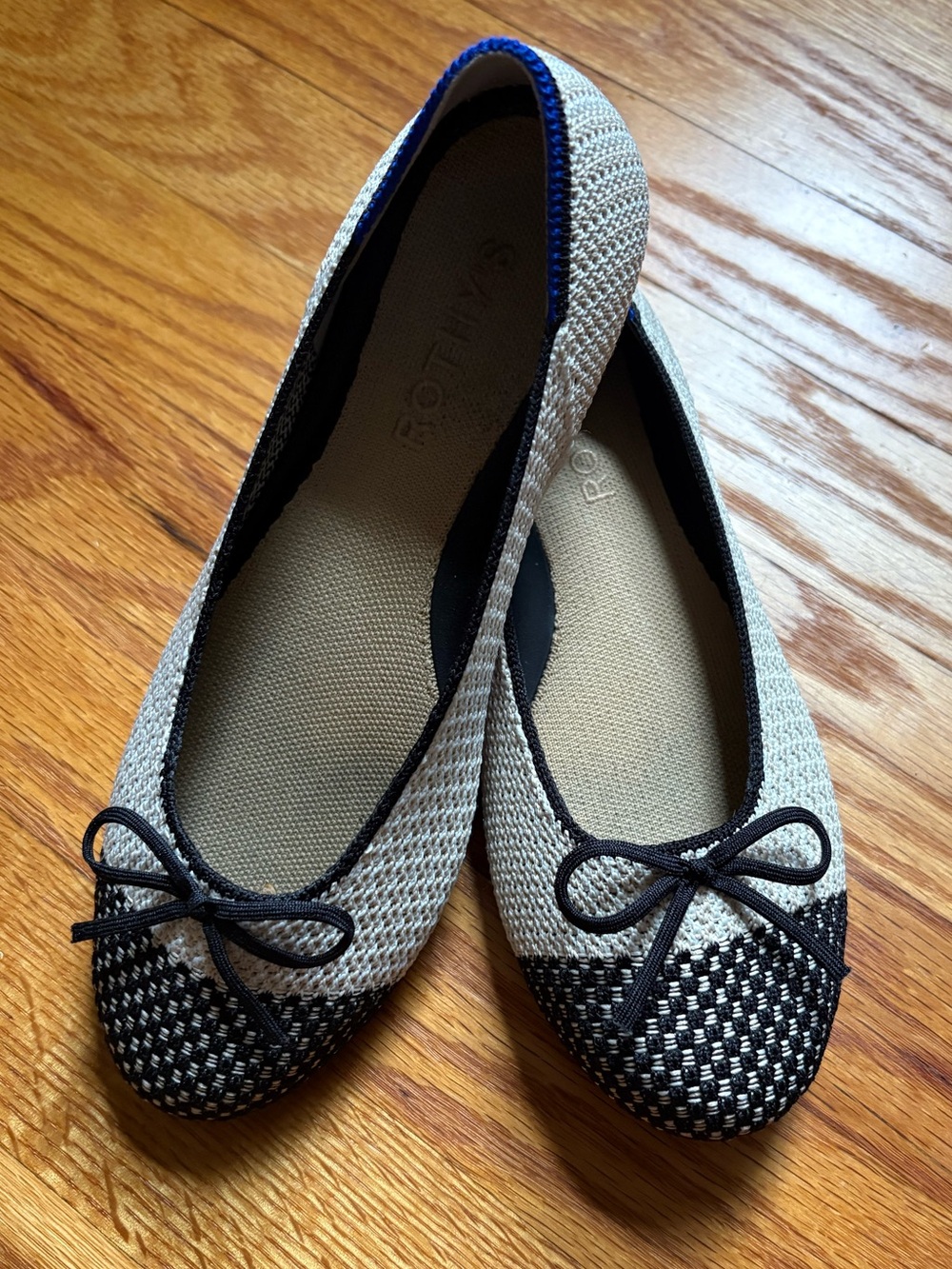 Rothy's Two-Tone Cream and Black Knit Ballet Flats with Bow